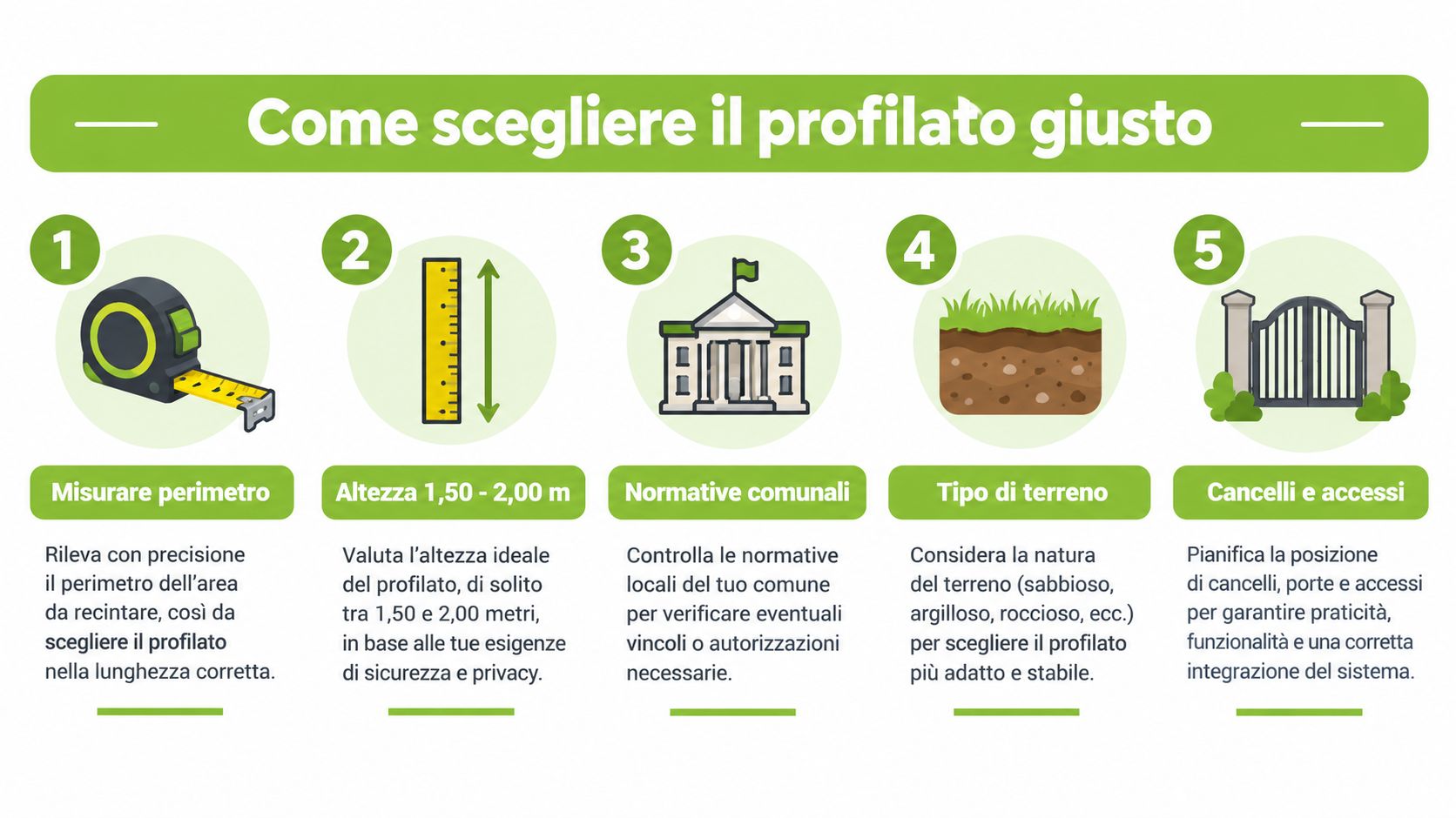 Infografica che illustra i cinque passaggi fondamentali per scegliere il profilato giusto per una recinzione.