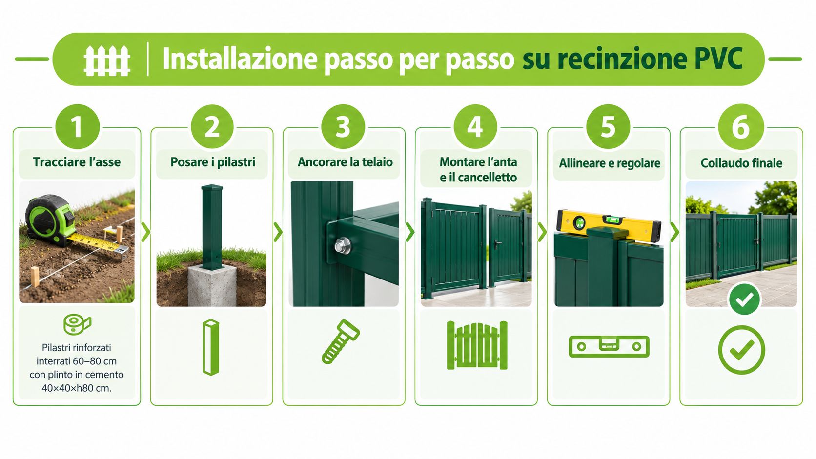 Infografica che mostra le sei fasi dettagliate per installare una recinzione in PVC con cancelletto incorporato.
