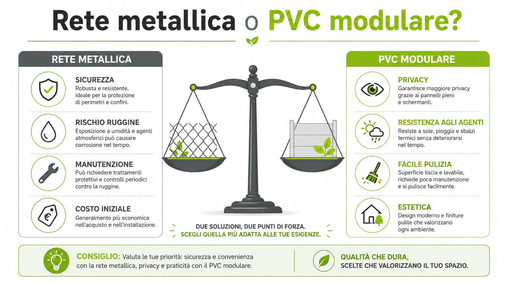 Confronto informativo tra rete metallica e pannelli in PVC modulare per scegliere la soluzione di recinzione ideale.