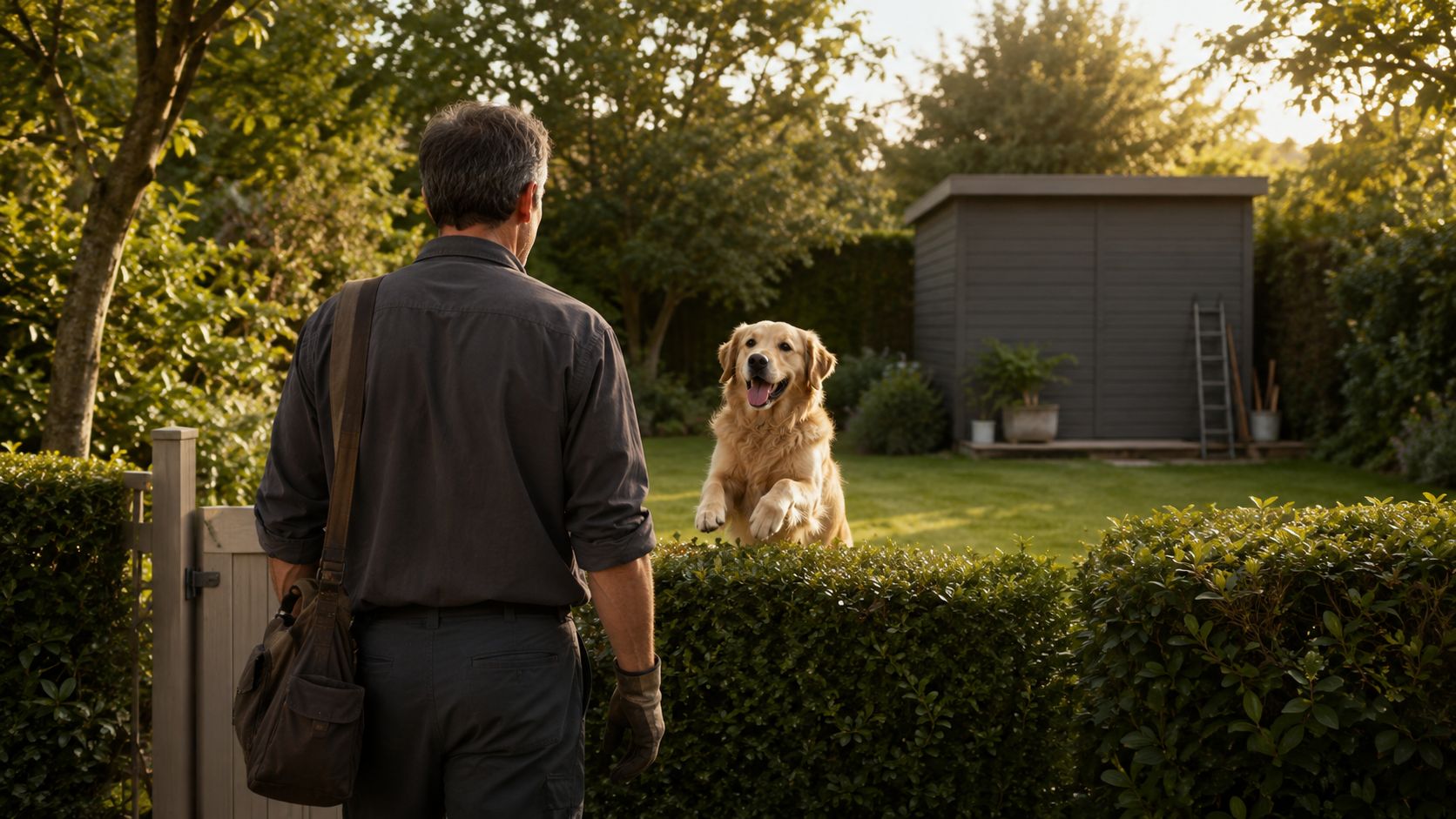 Un uomo guarda il suo cane golden retriever che saltella felice dietro una siepe in giardino