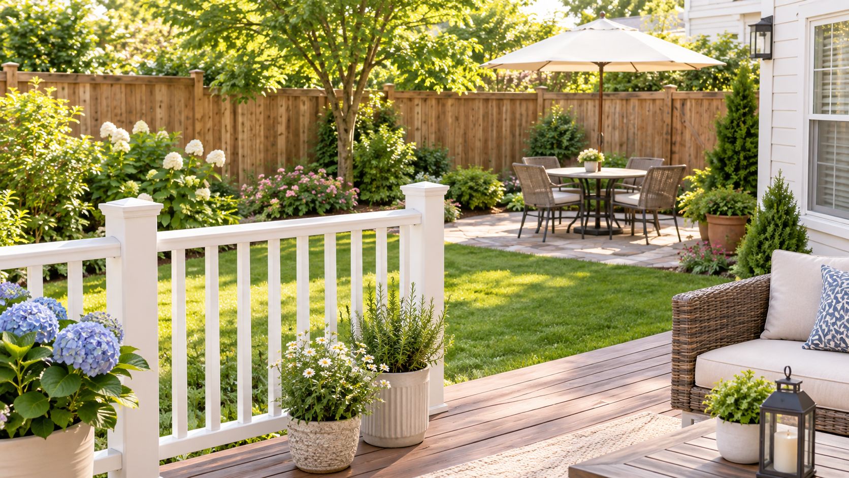 Un accogliente patio in legno con ringhiere bianche in alluminio affacciato su un rigoglioso giardino fiorito estivo