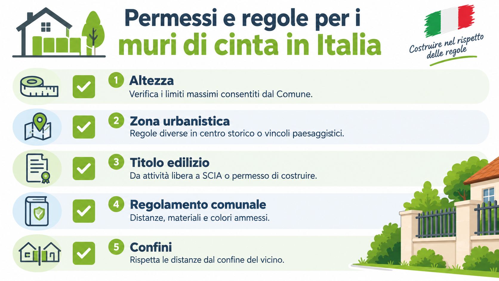 Infografica illustrata che spiega i cinque punti fondamentali e le regole per costruire muri di cinta in Italia.