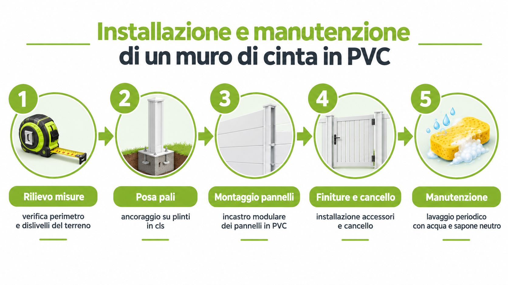 Infografica che illustra i cinque passaggi per l'installazione e la manutenzione di un muro di cinta in PVC.