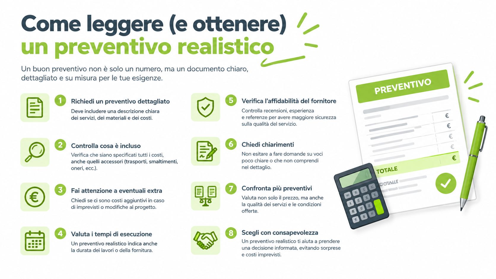 Un'infografica che spiega come leggere e ottenere un preventivo realistico attraverso otto semplici passaggi chiari.