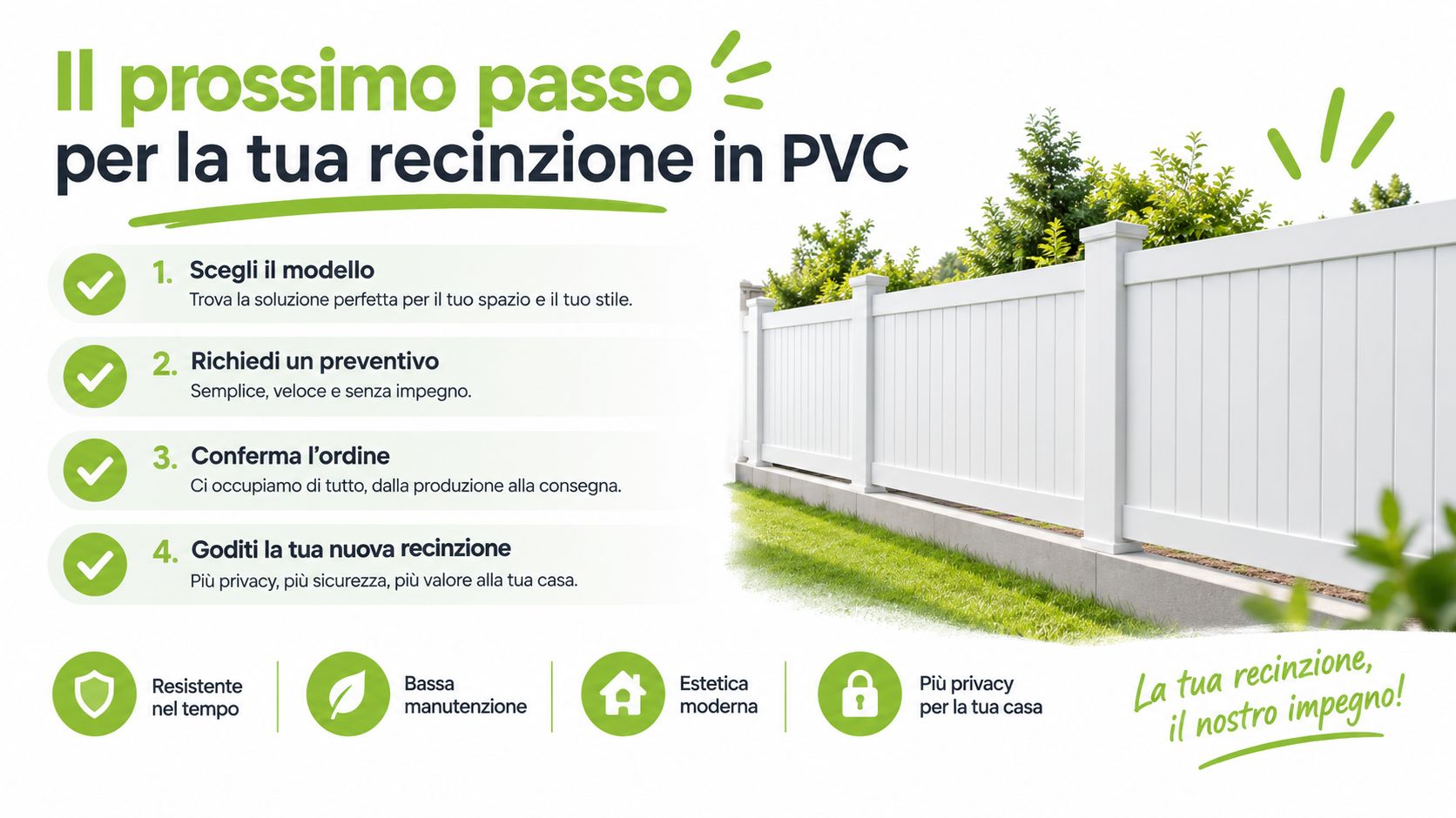 Una grafica informativa che illustra quattro passaggi per acquistare una recinzione in PVC per la propria casa.