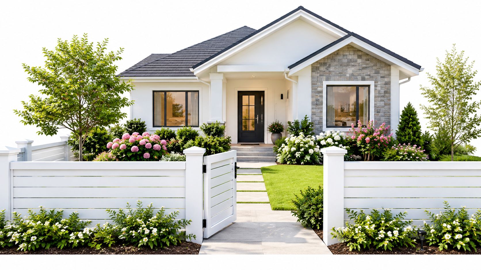 Una casa unifamiliare moderna con tetto spiovente, giardino curato, staccionata bianca e vialetto d'ingresso accogliente.