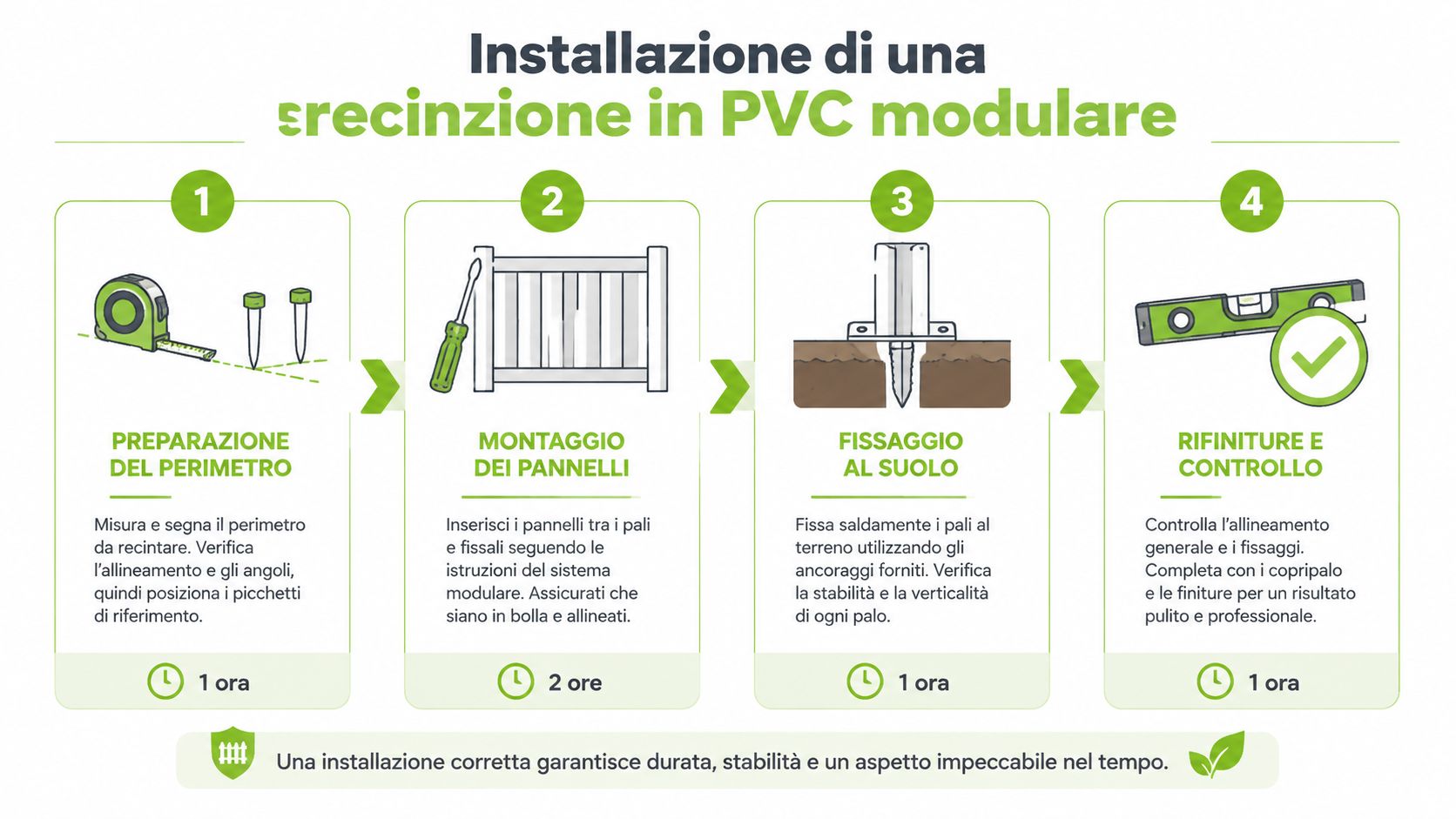 Infografica illustrata con quattro passaggi per l'installazione di una recinzione in PVC modulare per il giardino.