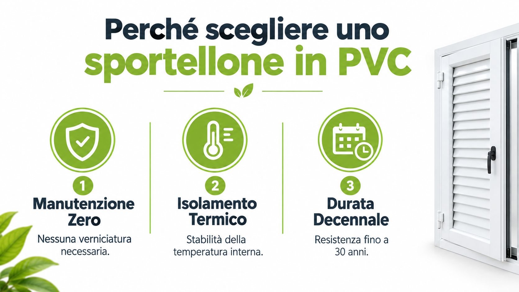 Grafica informativa che illustra i tre vantaggi principali della scelta di sportelloni in PVC per la casa.