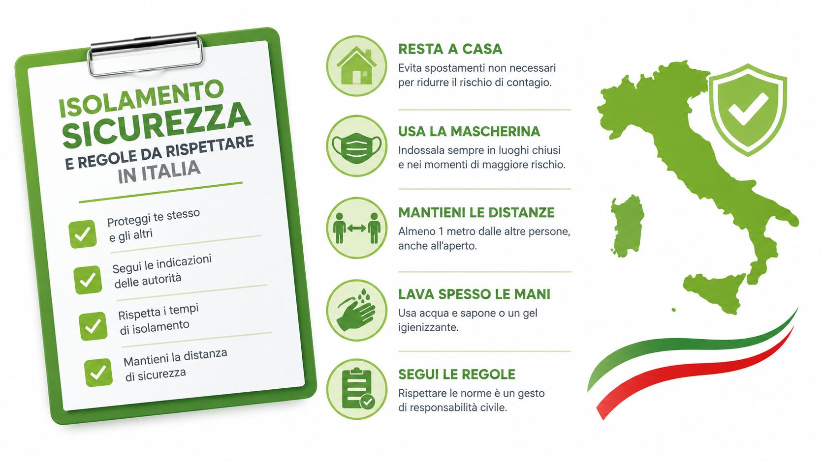 Infografica con regole sanitarie e di prevenzione per la sicurezza durante l'isolamento in Italia