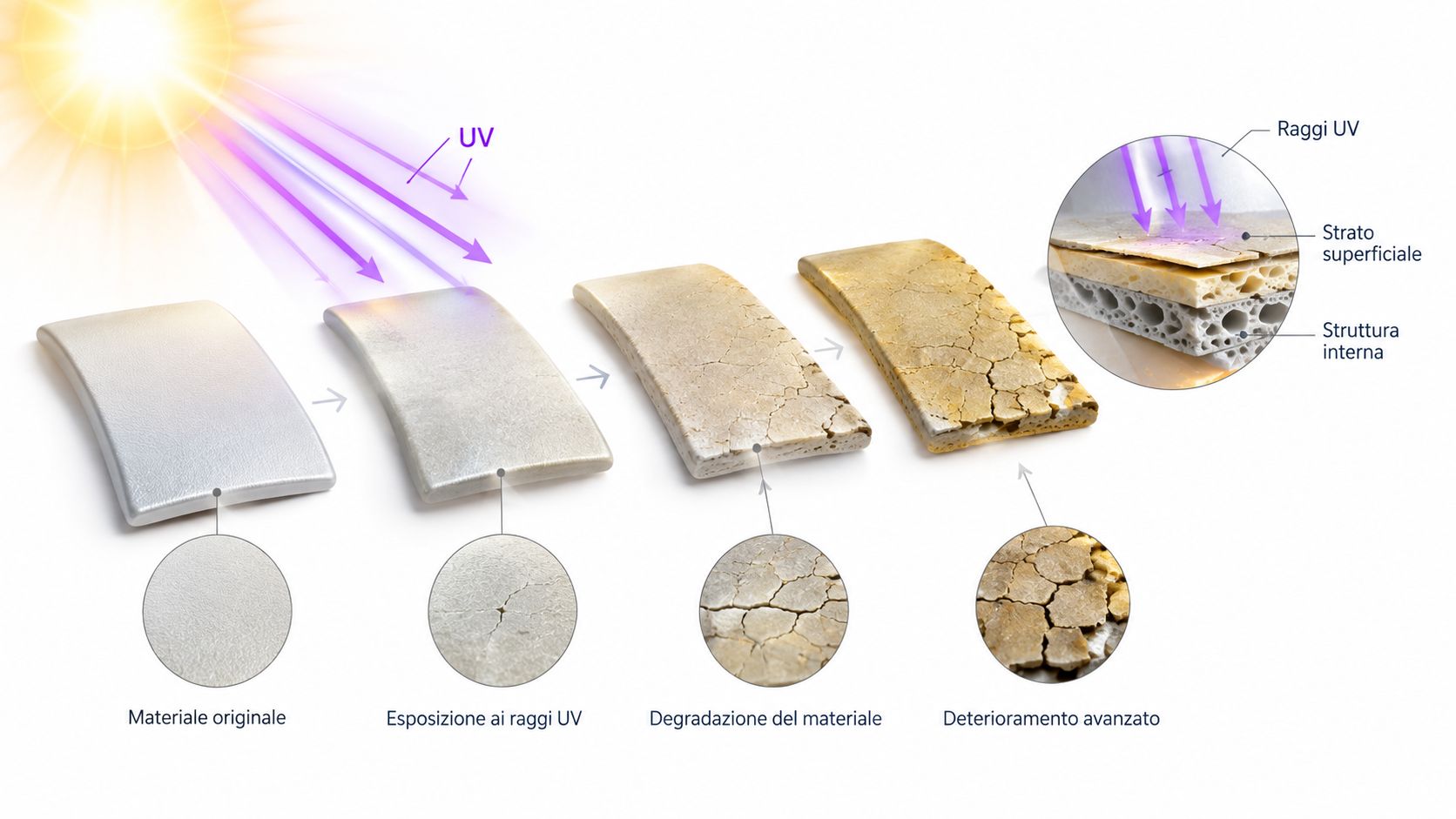 Diagramma illustrante il processo di degradazione di un materiale plastico causato dalla prolungata esposizione ai raggi UV solari.