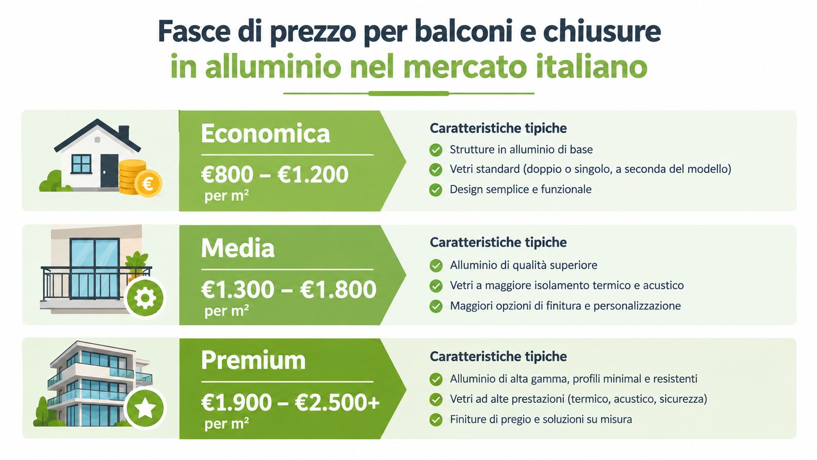 Tabella informativa sulle fasce di prezzo per balconi e chiusure in alluminio sul mercato italiano.
