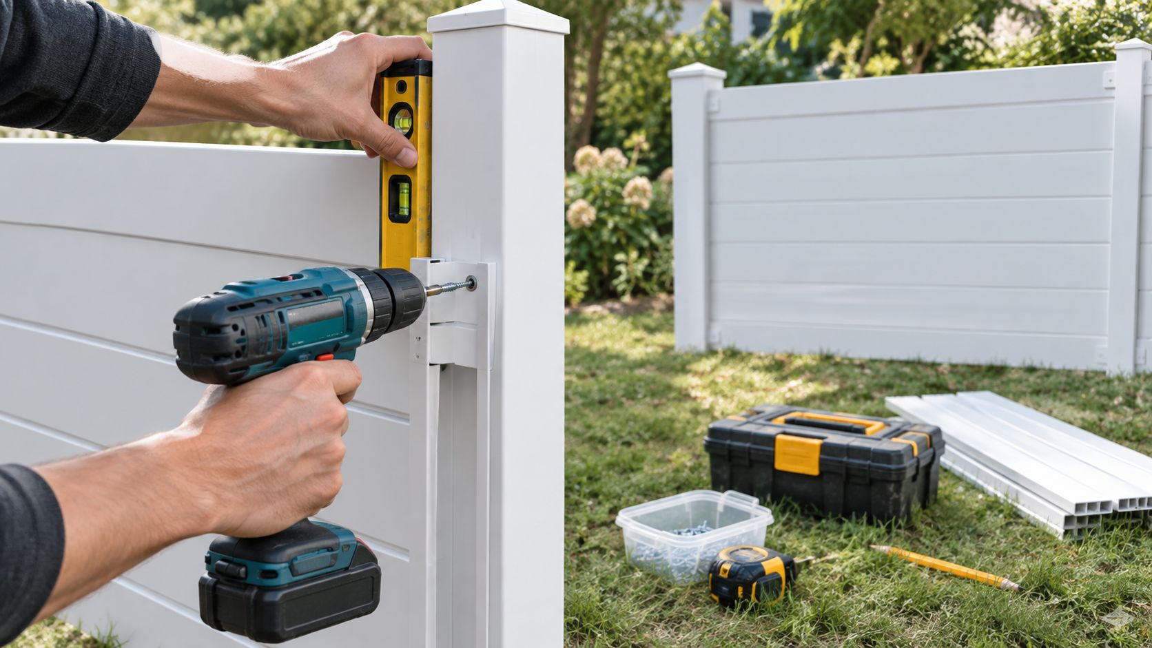 Un operaio utilizza un trapano elettrico e una livella per installare una recinzione bianca in un giardino.