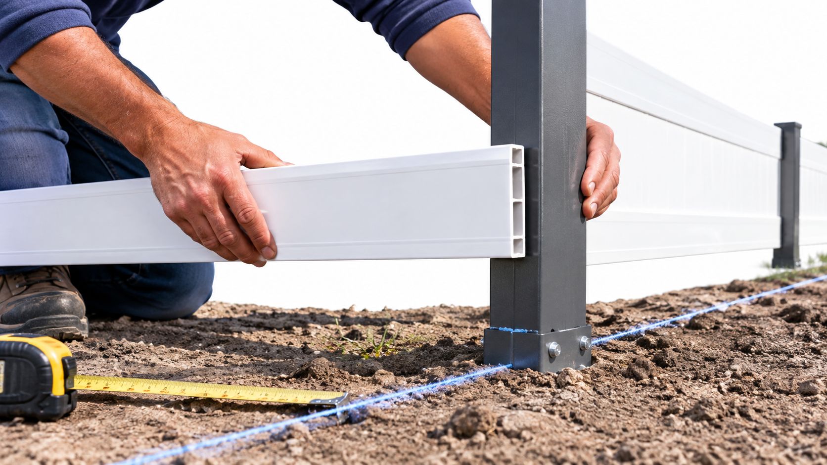 Un operaio installa una striscia di PVC bianco su un palo di recinzione in un cantiere edile.