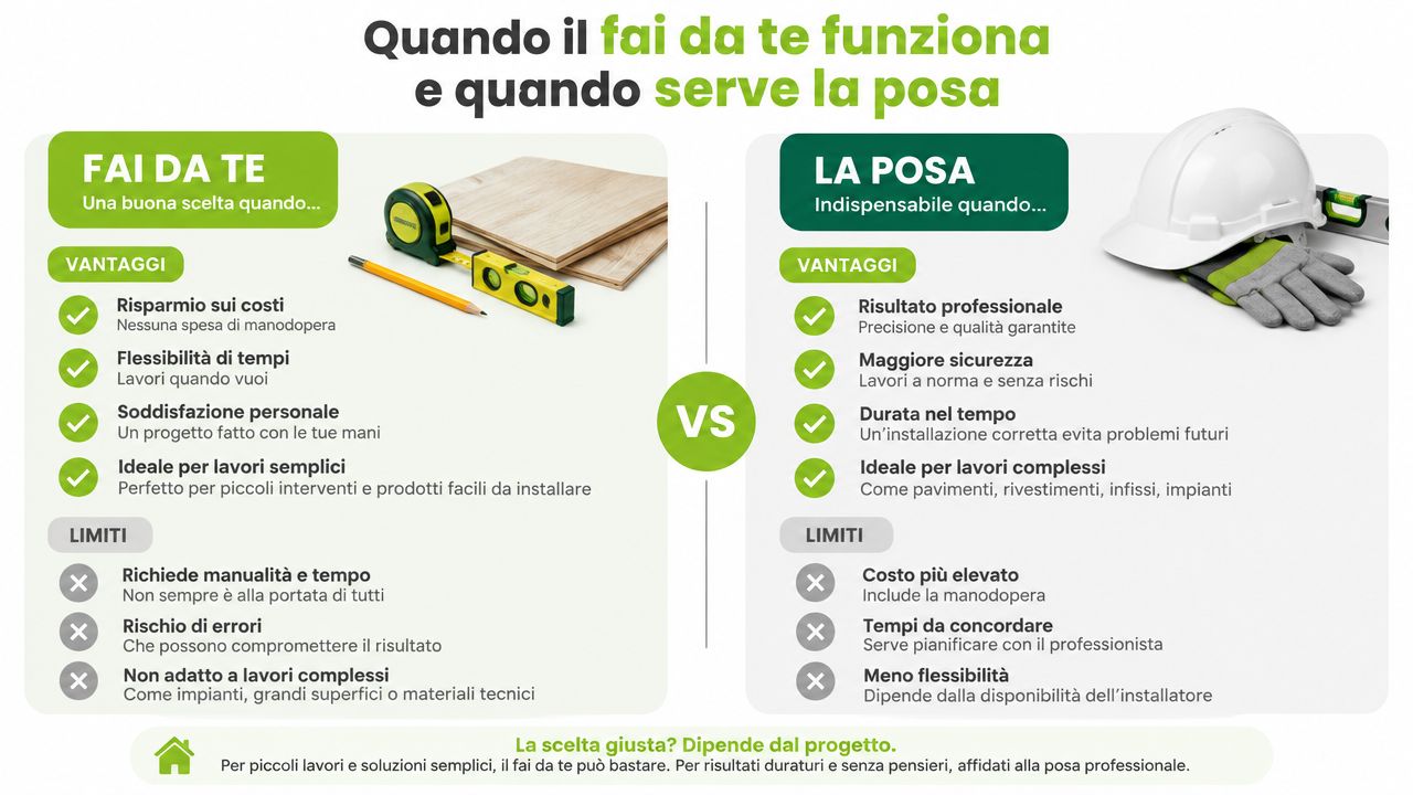 Confronto grafico tra i vantaggi e i limiti del fai da te rispetto alla posa professionale.