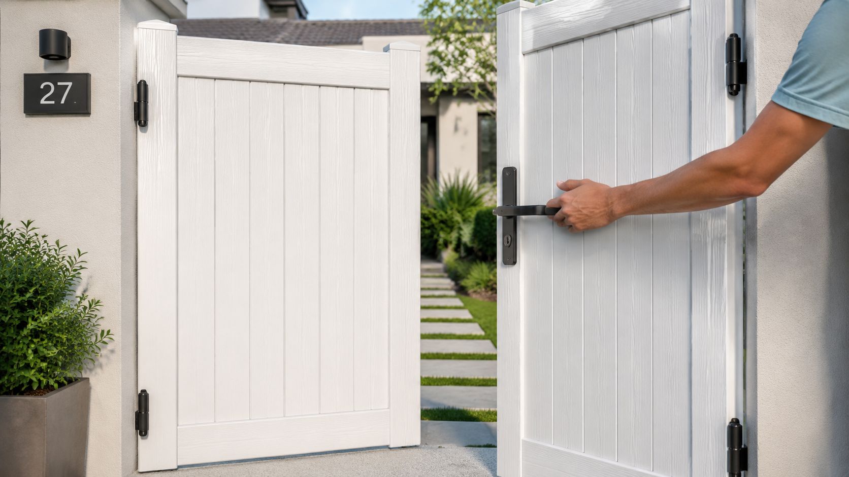 Una mano apre un cancello bianco a due ante moderne davanti a una casa con giardino verde.