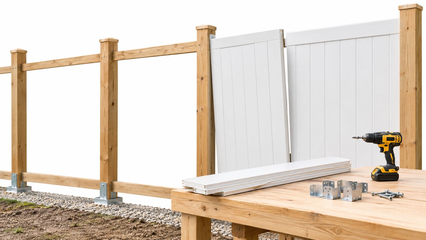 Pannelli in PVC per recinzioni pronti per l'installazione su una struttura di supporto in legno all'aperto.