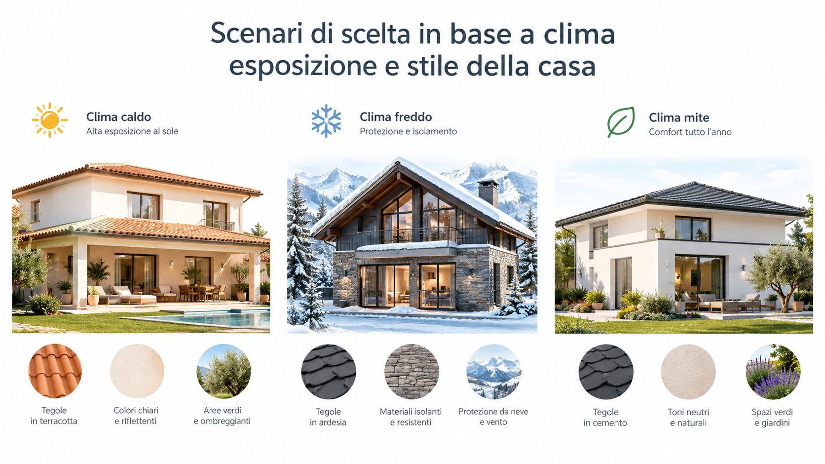Tre scenari di case con diversi stili architettonici, colori e materiali adatti a climi caldi, freddi o miti.