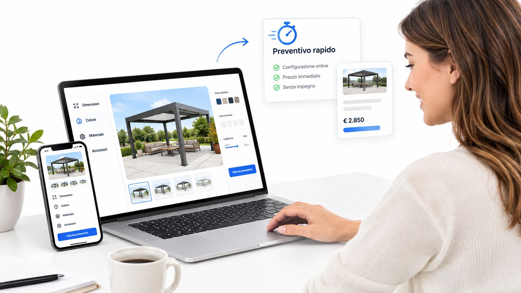 Una donna che utilizza un computer portatile e uno smartphone per configurare online una pergola da giardino
