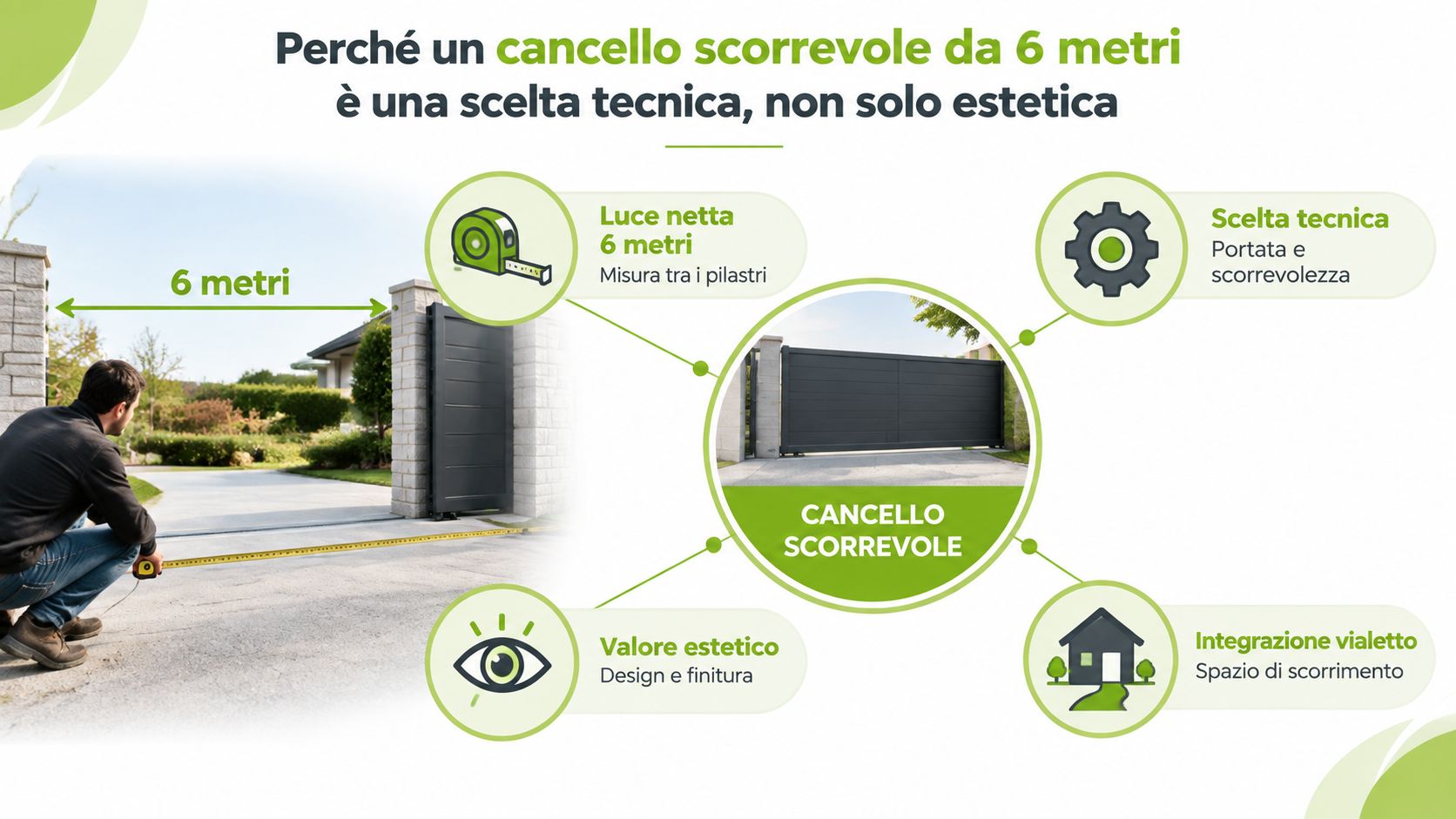 Un uomo misura l'apertura di sei metri per l'installazione di un cancello scorrevole residenziale moderno.