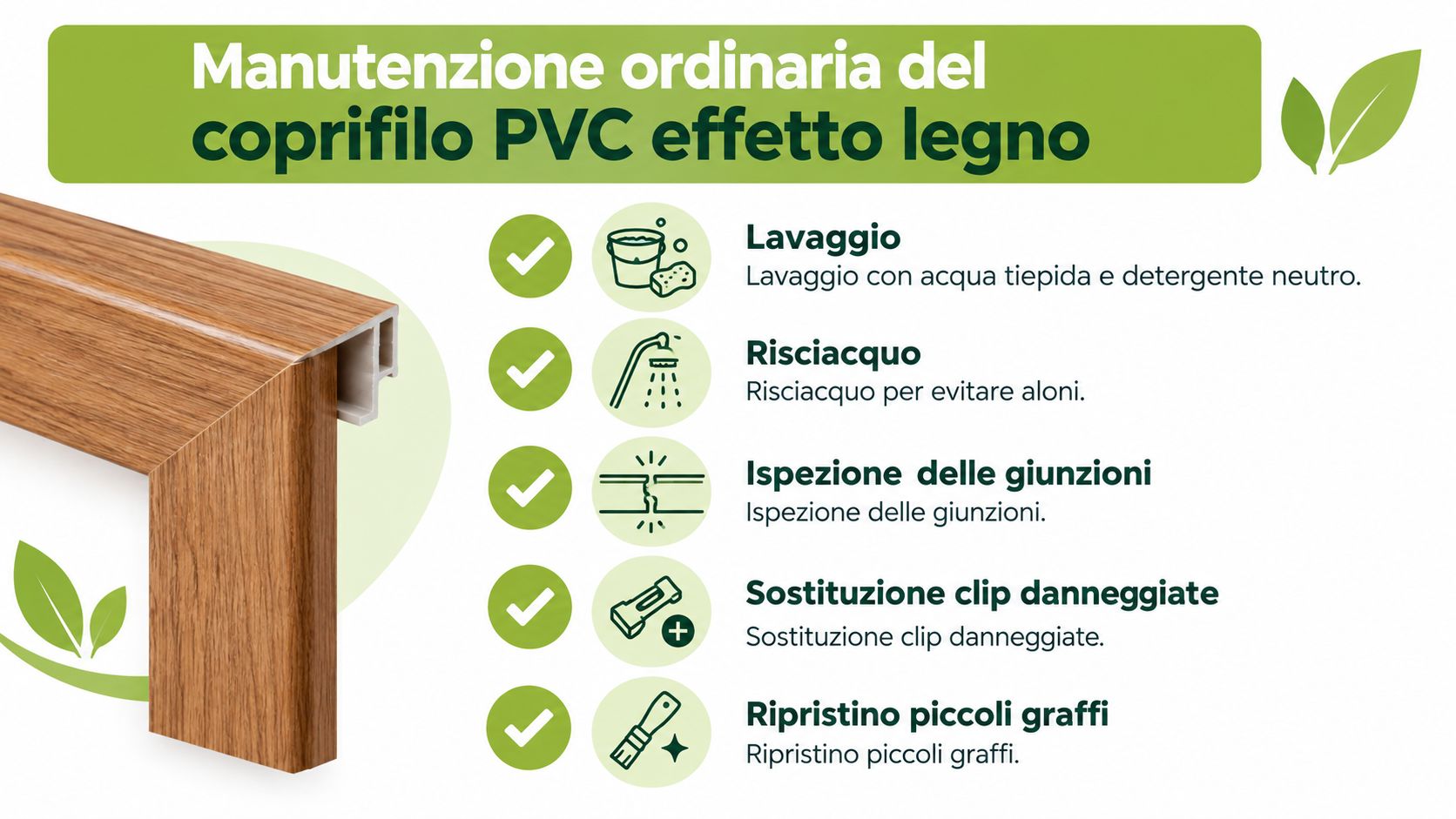 Guida visiva alla manutenzione ordinaria di coprifili in PVC con finitura effetto legno per porte e finestre.