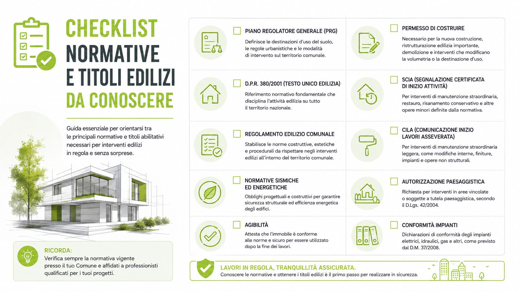 Una pratica lista di controllo illustrata per orientarsi tra le normative e i titoli abilitativi edilizi in Italia.