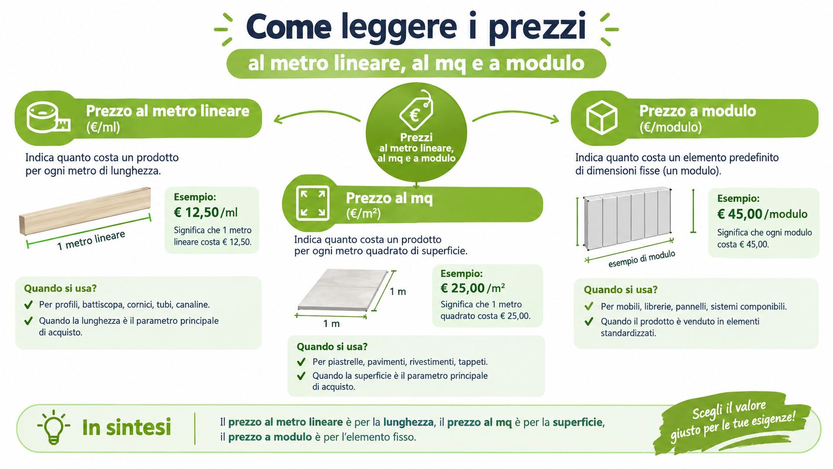 Infografica che spiega le differenze tra prezzi al metro lineare, al metro quadrato e a modulo per acquisti.