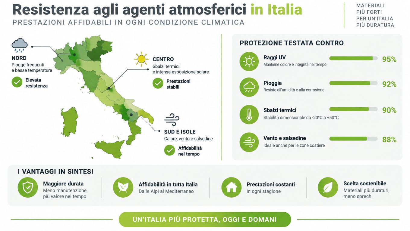 Infografica sulla resistenza agli agenti atmosferici dei materiali in Italia per diverse condizioni climatiche e ambientali.