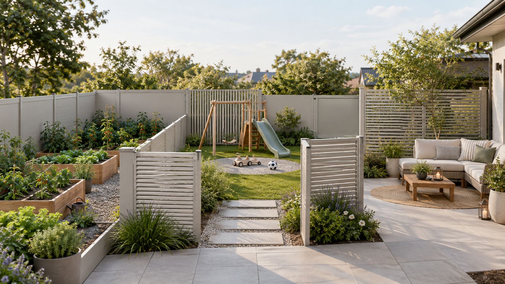 Un accogliente giardino moderno con orto rialzato, area giochi per bambini e comodi mobili da esterno
