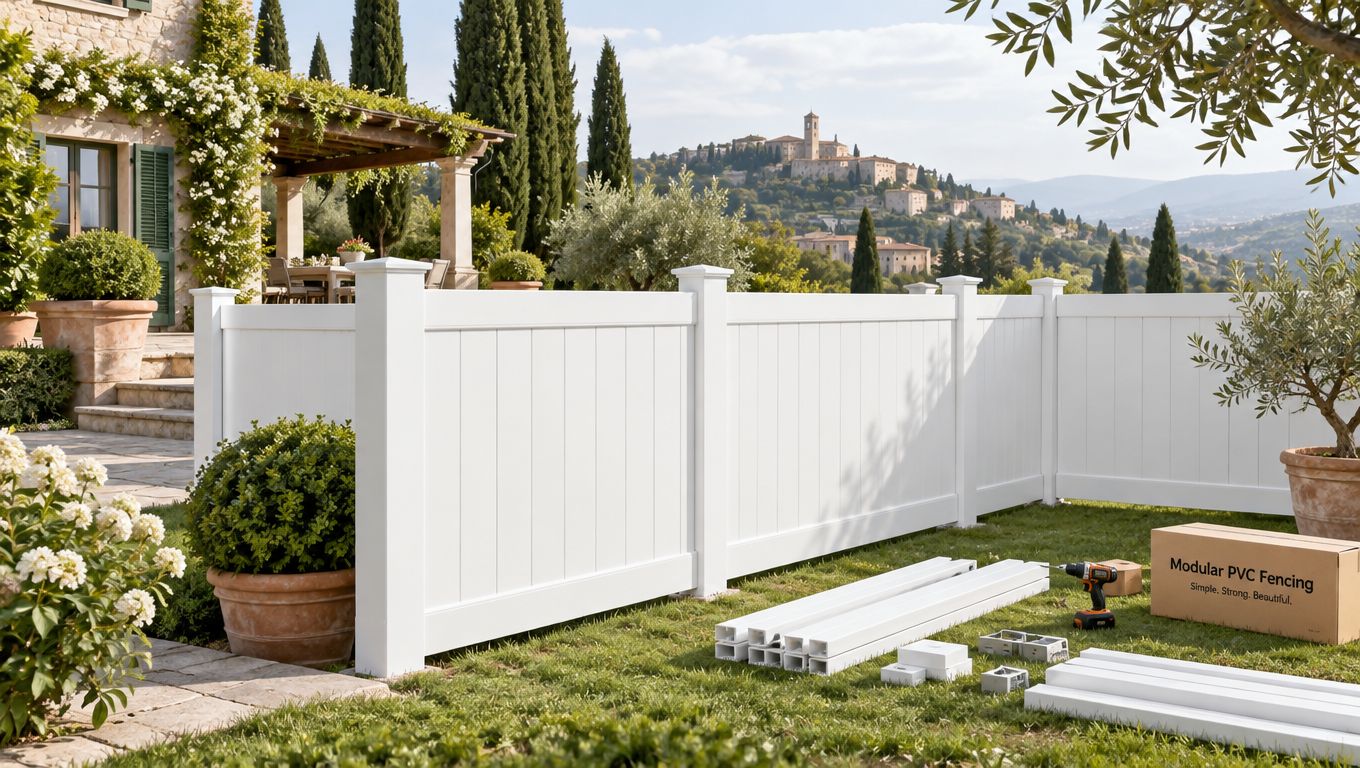 Recinzione modulare in PVC bianco installata in un giardino soleggiato con materiali di montaggio visibili sul prato.