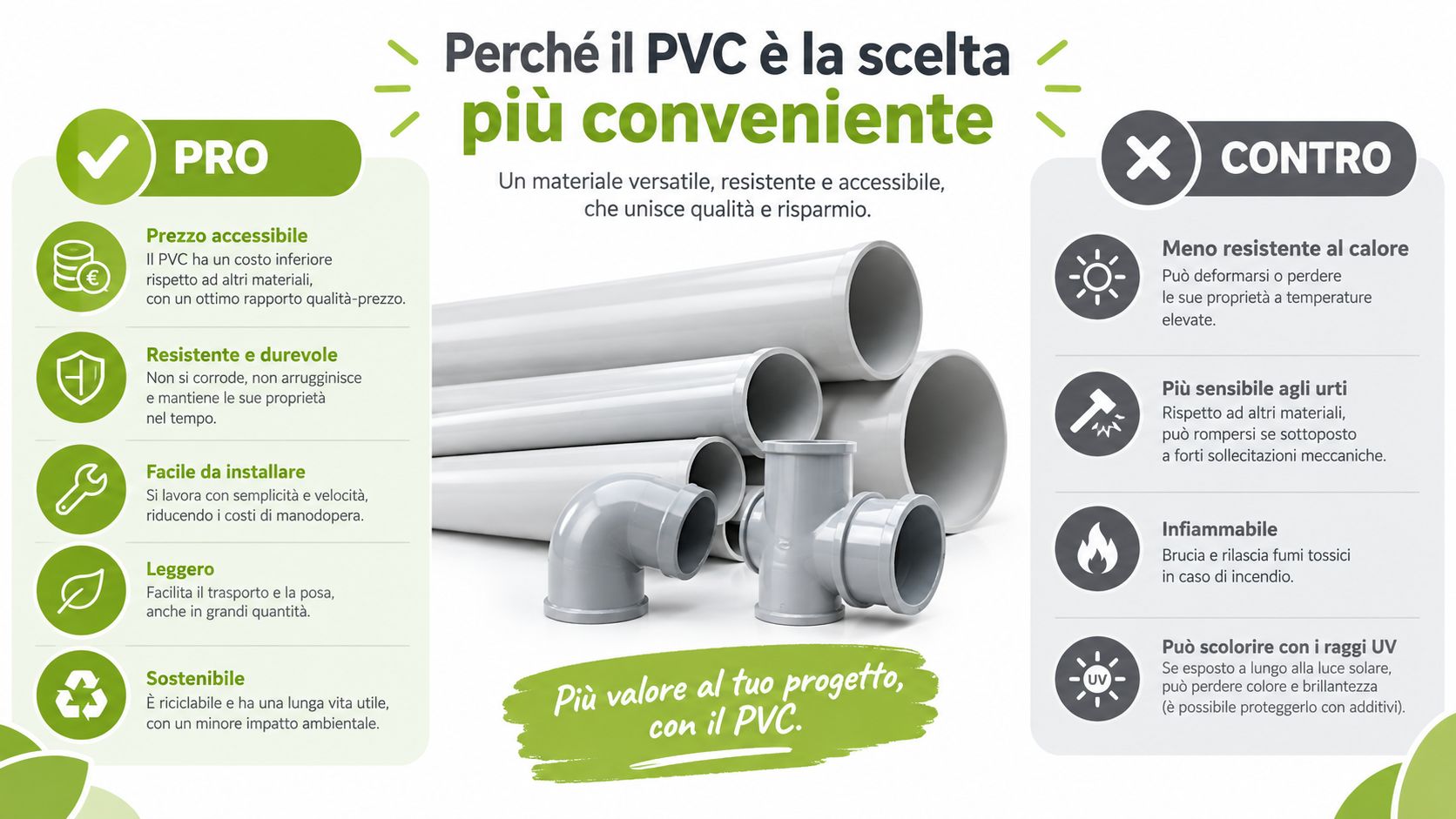 Un'infografica che illustra i vantaggi e gli svantaggi dell'utilizzo dei tubi in PVC in edilizia.