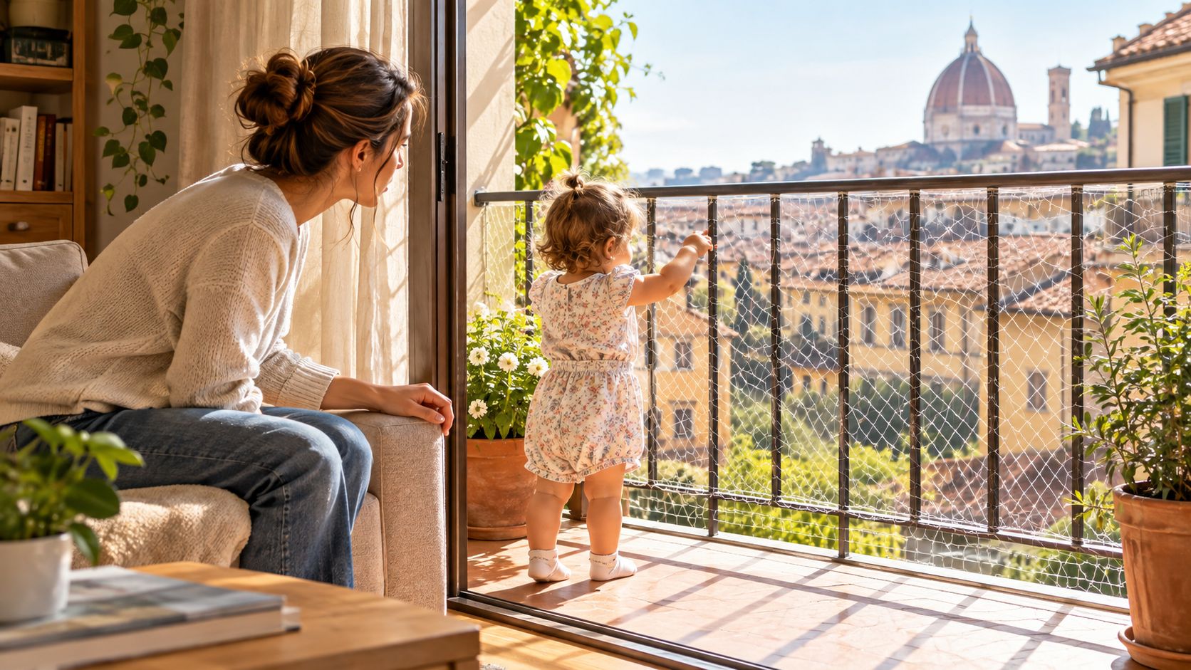 Una madre guarda la sua bambina che osserva il panorama di Firenze da un balcone protetto.