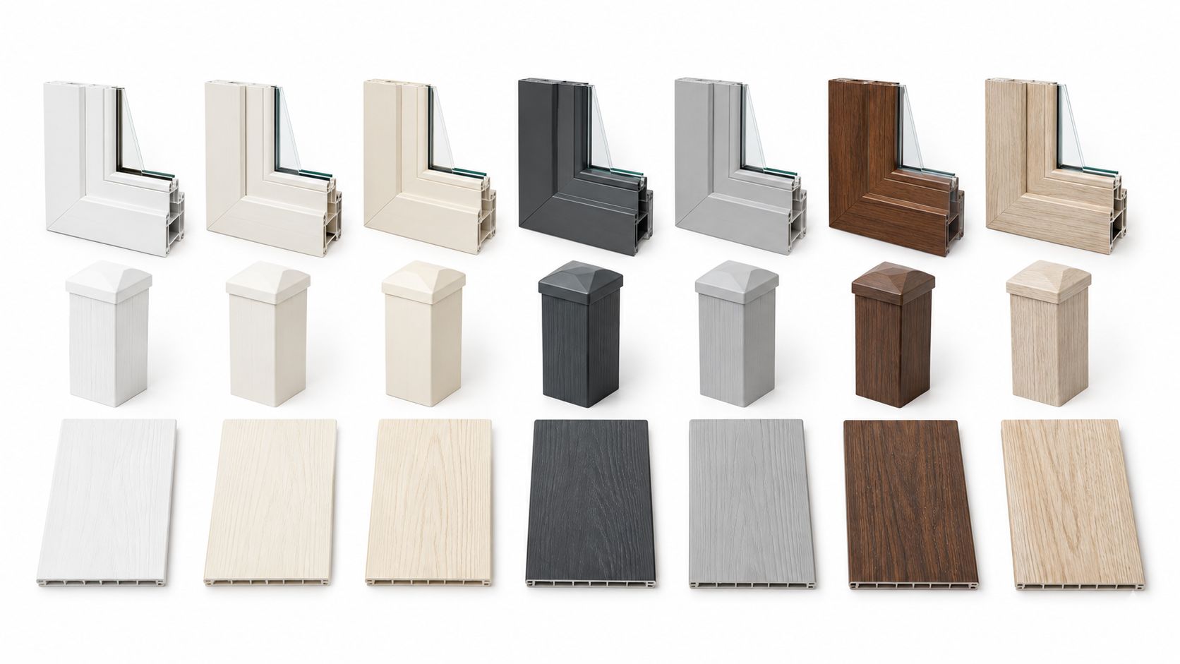 Una raccolta di campioni di finestre, pali e doghe per decking in vari colori e finiture realistiche.