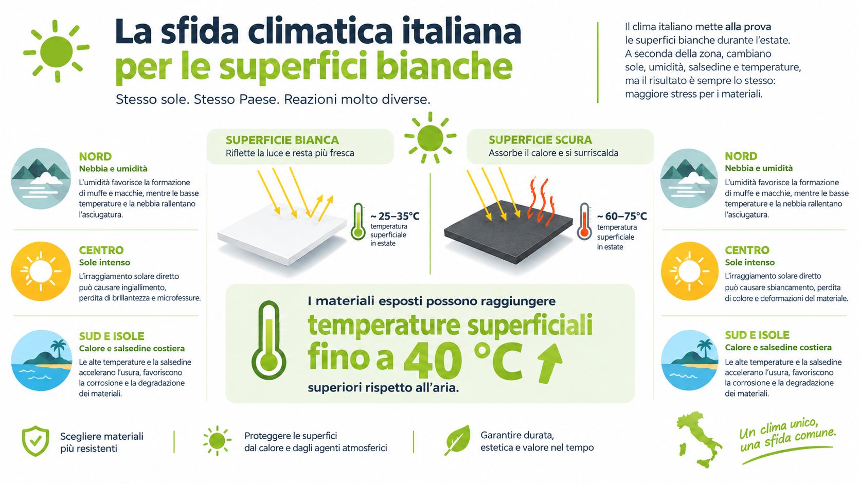 Infografica informativa sull'impatto climatico e sulle sfide di manutenzione per le superfici bianche negli edifici italiani.