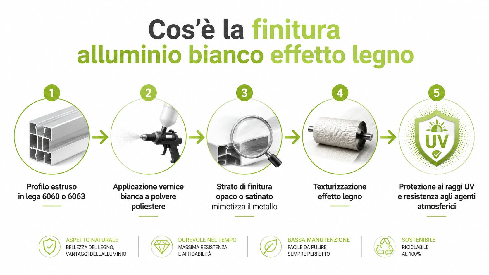 Processo produttivo di una finitura in alluminio bianco effetto legno illustrato in cinque fasi sequenziali informative.