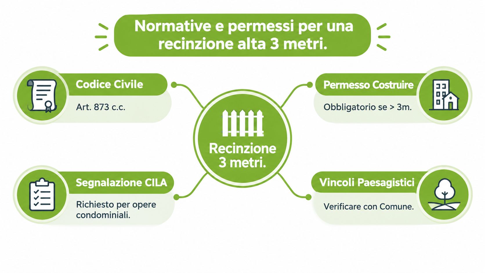 Infografica illustrante normative, permessi e regolamenti necessari per la costruzione di una recinzione alta tre metri.