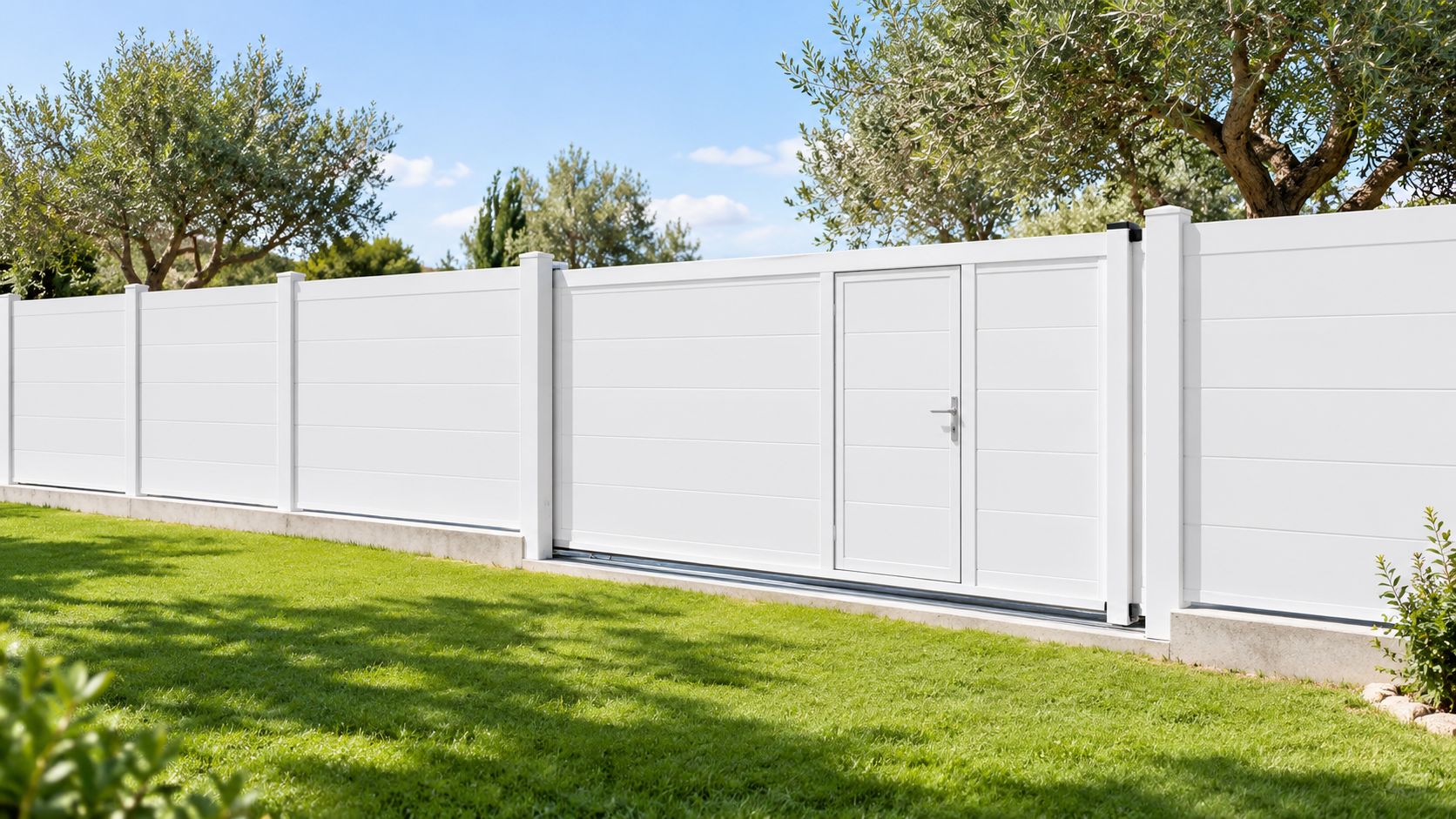 Moderno cancello scorrevole bianco con cancelletto pedonale integrato inserito in una recinzione da giardino residenziale.