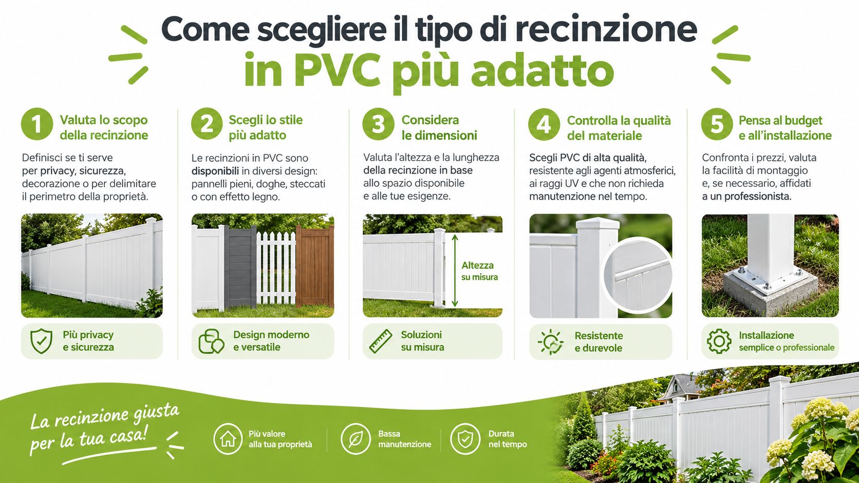 Infografica illustrata con cinque passaggi chiave per scegliere la recinzione in PVC più adatta alla tua abitazione.