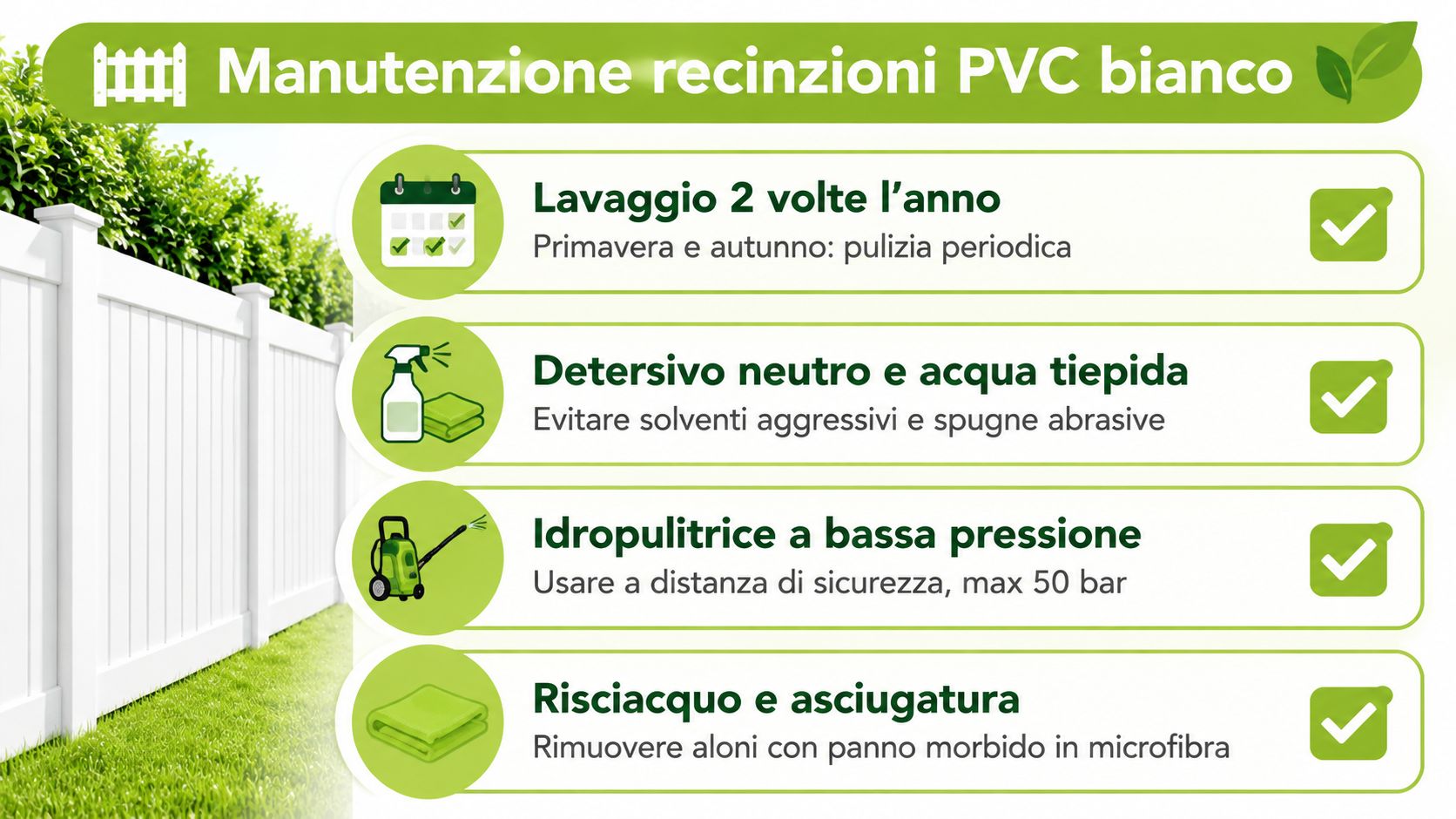 Infografica informativa sulla corretta manutenzione e pulizia periodica di recinzioni realizzate in PVC di colore bianco.