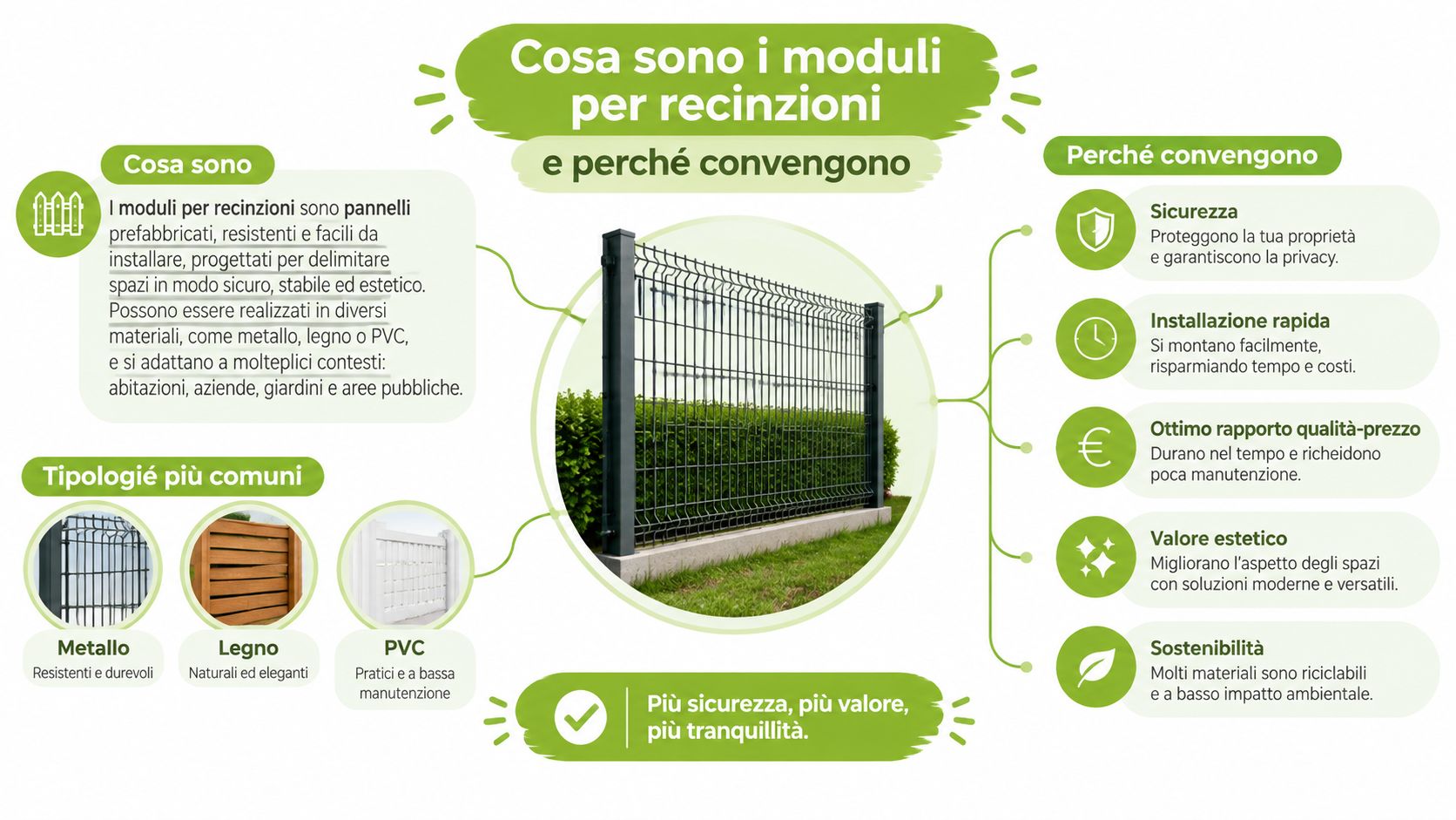 Infografica che spiega cosa sono i moduli per recinzioni, i vari materiali disponibili e i loro vantaggi principali.