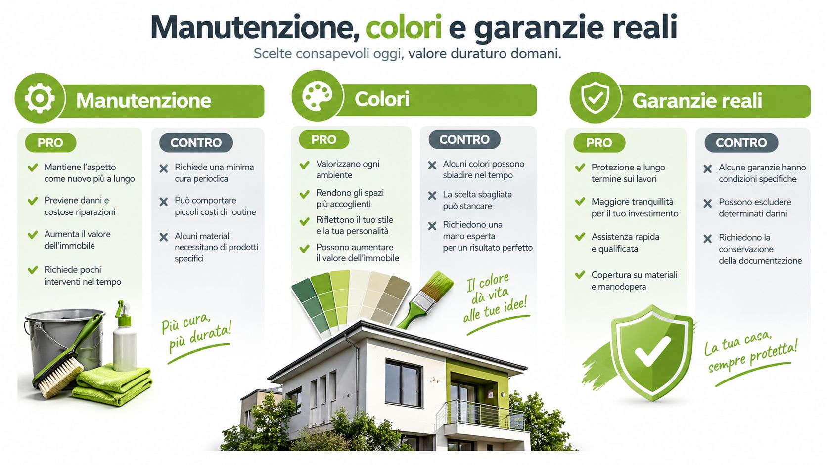 Infografica informativa su manutenzione, scelta dei colori e garanzie per la cura e protezione della casa.