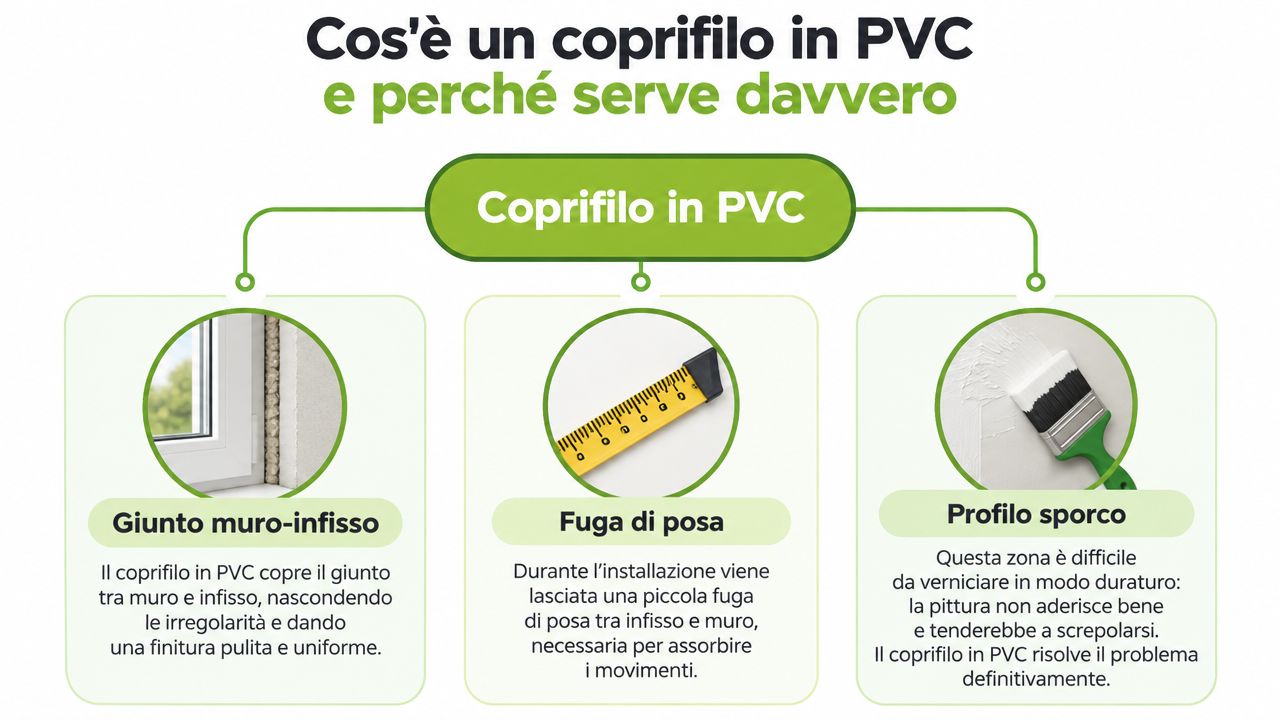 Infografica che spiega le funzioni dei coprifili in PVC per nascondere giunti e fughe tra muri e infissi.