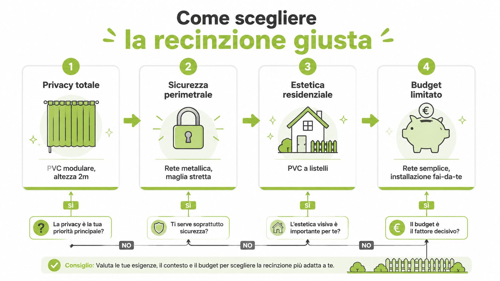 Infografica che mostra come scegliere la recinzione giusta in base a privacy, sicurezza, estetica o budget limitato.