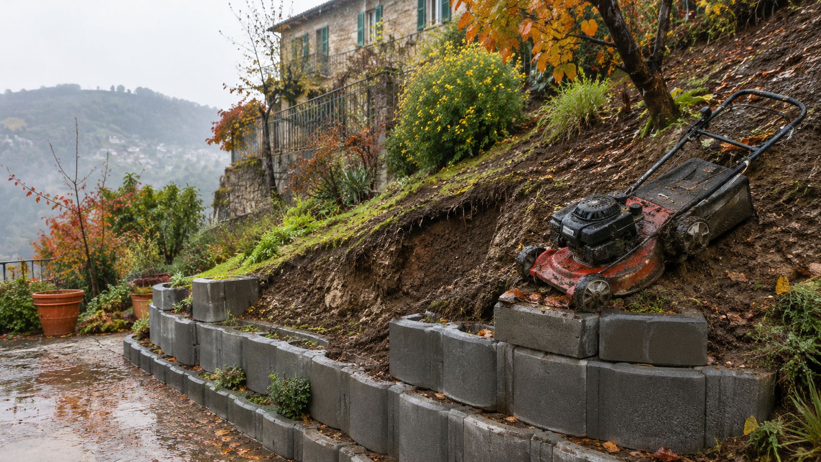 Un tosaerba rosso poggiato su un pendio accanto a un muro di contenimento in blocchi di cemento