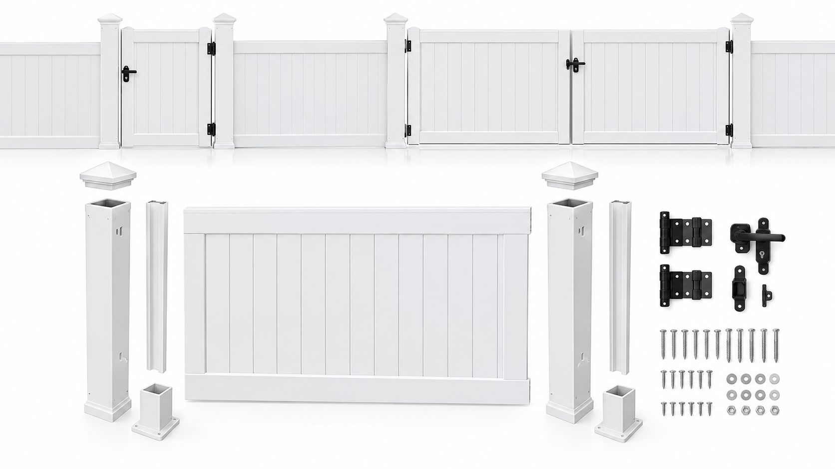 Set completo di moduli per recinzioni bianche in vinile con cancelli, pali, cerniere e kit di fissaggio.