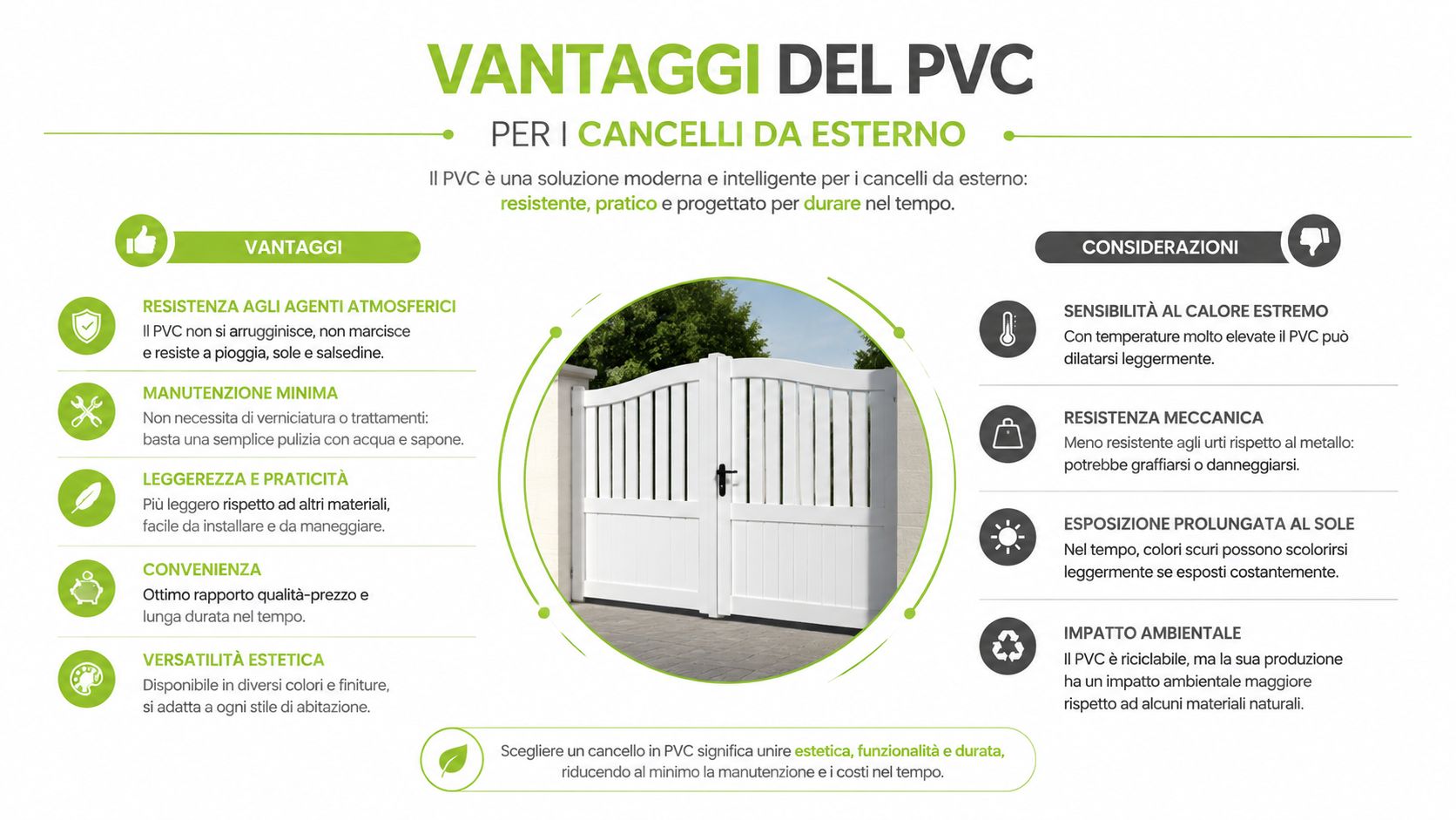 Infografica informativa sui vantaggi e le considerazioni dei cancelli da esterno realizzati in materiale PVC bianco.