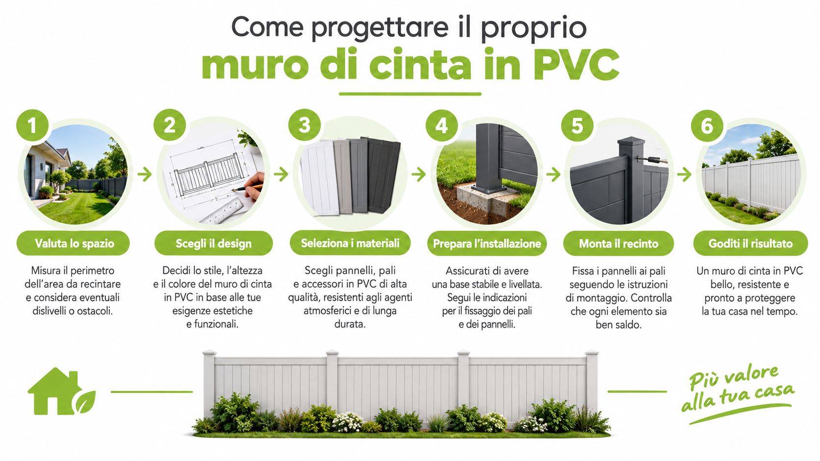Infografica illustrata in sei passaggi che spiega come progettare e installare un muro di cinta in PVC.