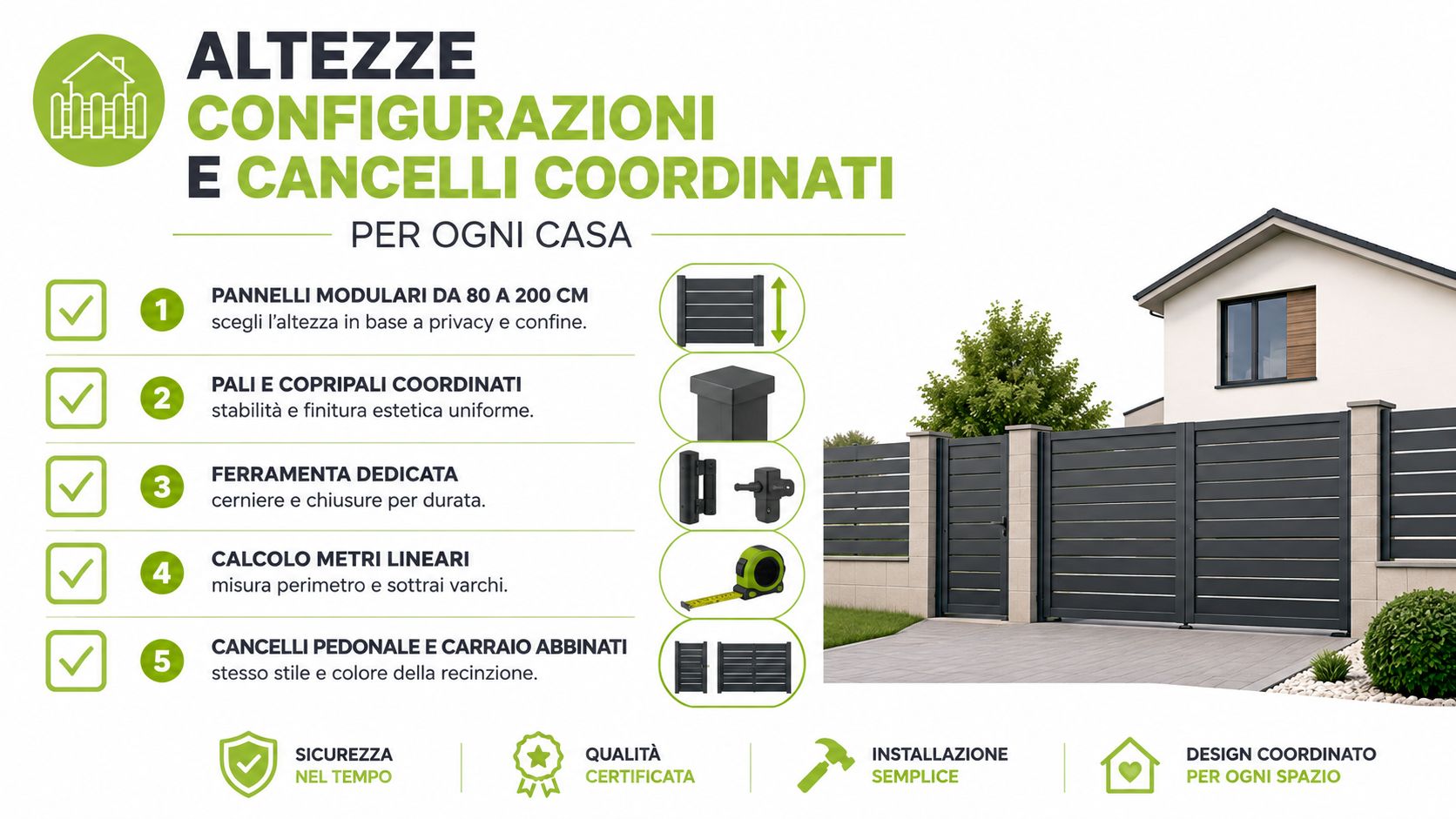 Infografica informativa su recinzioni modulari per casa, cancelli abbinati, pali, ferramenta e calcolo dei metri lineari necessari.