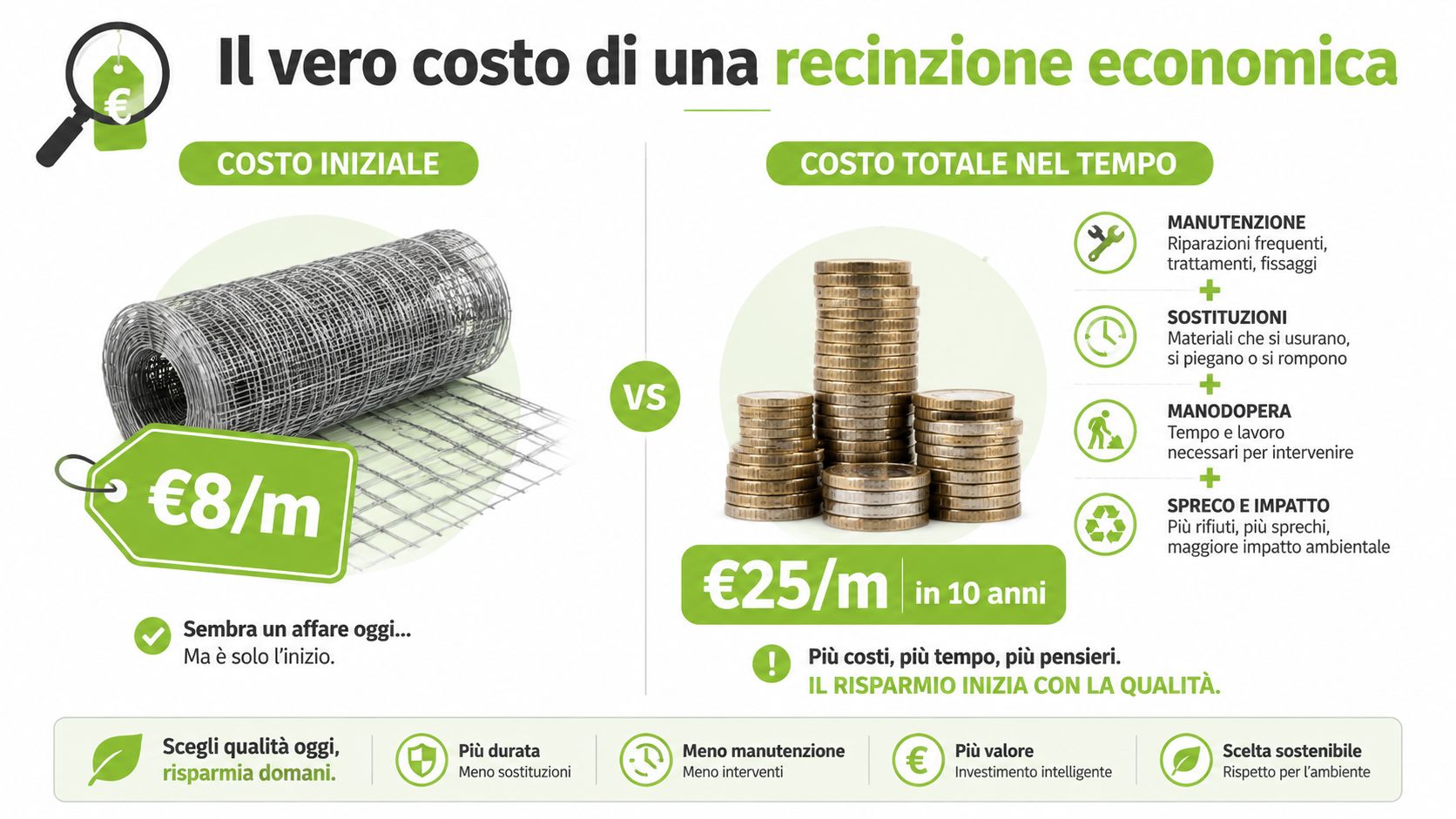 Grafica che confronta il costo iniziale di una rete economica con quello totale nel tempo.