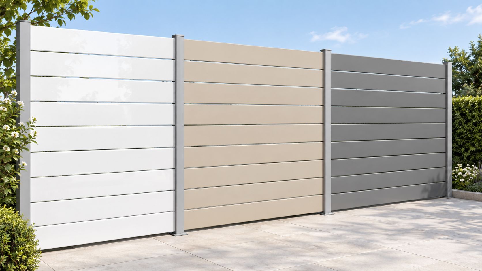 Una recinzione modulare in PVC per esterni composta da tre pannelli colorati bianco, beige e grigio.