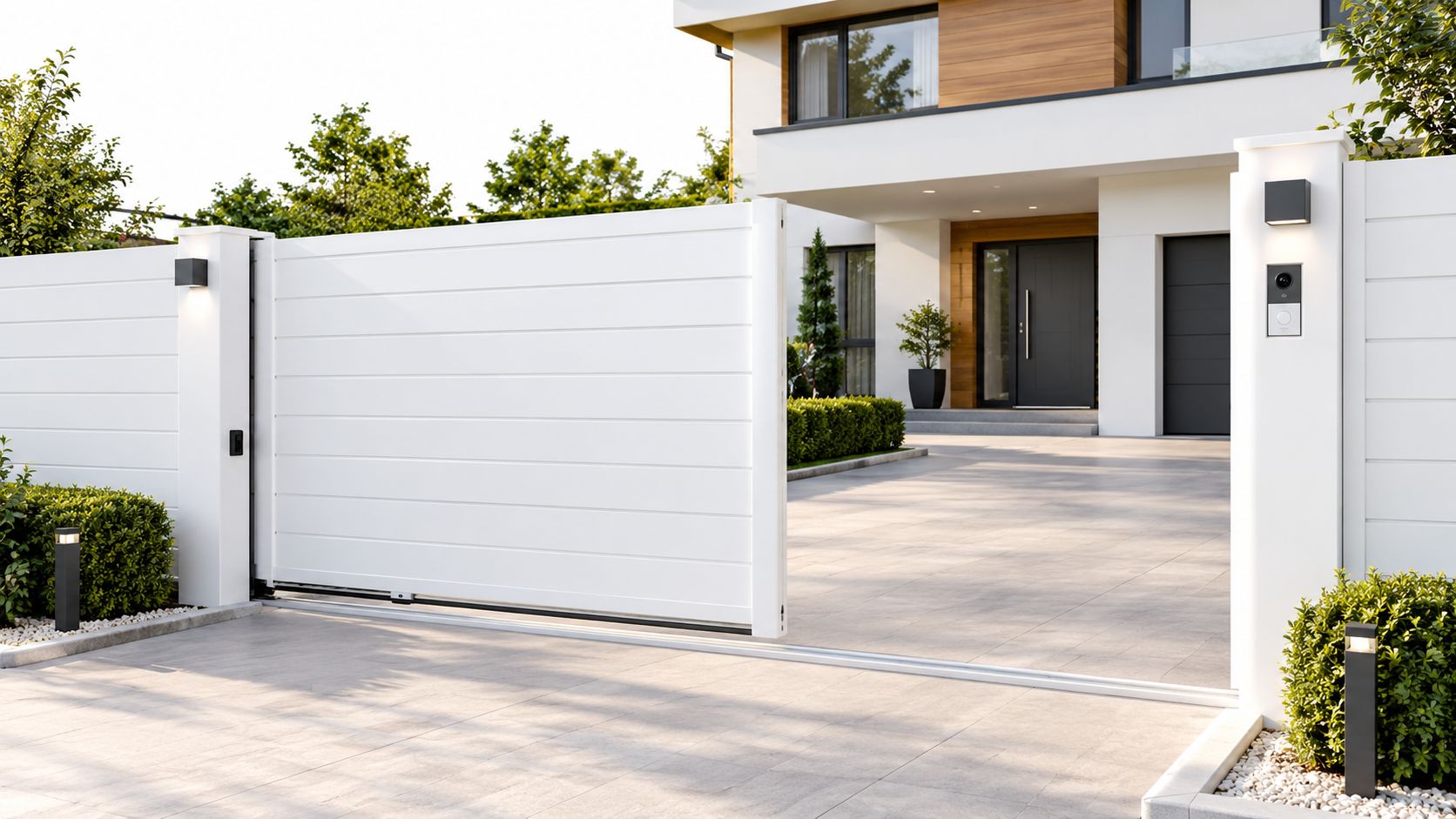 Moderno cancello scorrevole bianco installato all'ingresso di una elegante villa contemporanea con giardino curato.